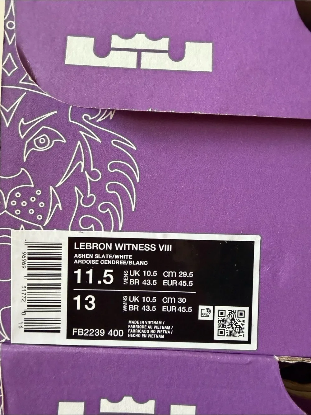 Lebron Witness 8 Ashen Slate White FB2239-400 Men’s Size 11.5